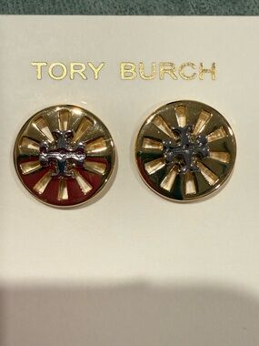 Tory Burch | Gold Plated | Gold and Silver Logo Round Stud Earrings